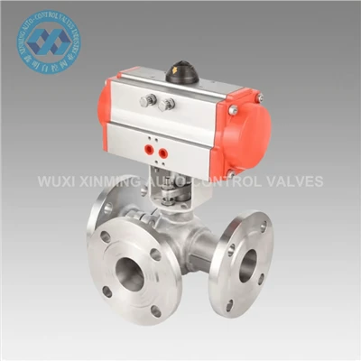Pneumatic ua yeeb yam peb-txoj kev stainless hlau pob valve